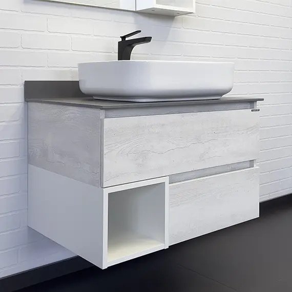 COMFORTY. Тумба-умывальник "Прага-75" дуб белый с серой столешницей, с раковиной COMFORTY
