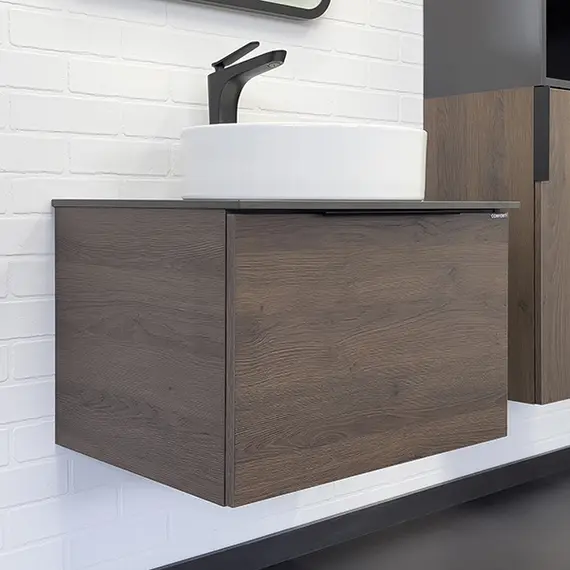 Тумба-умывальник Comforty Портленд-60 дуб шоколадно-коричневый со столешницей под мрамор Калакатта Блэк с раковиной 9110