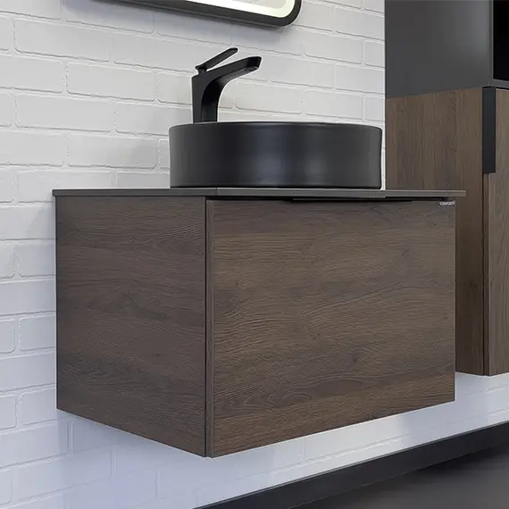 Тумба-умывальник Comforty Портленд-60 дуб шоколадно-коричневый со столешницей под мрамор Калакатта Блэк с раковиной 9110MB