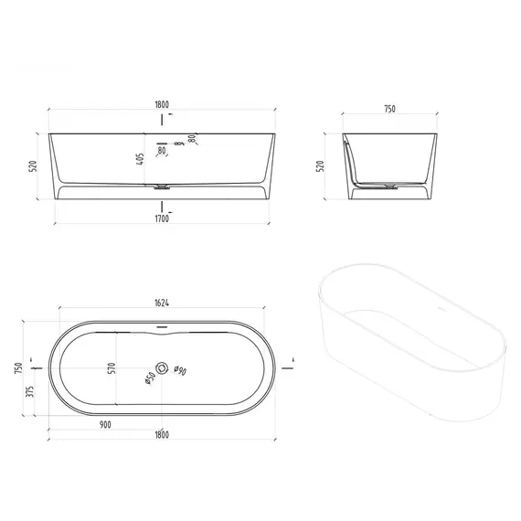 Ванна из искусственного камня ABBER Stein AS9614 белая матовая 180*75