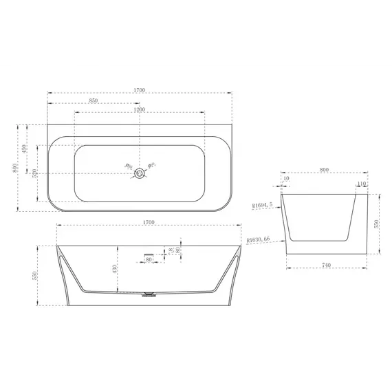 Ванна из искусственного камня ABBER Stein AS9616 белая матовая 170*80