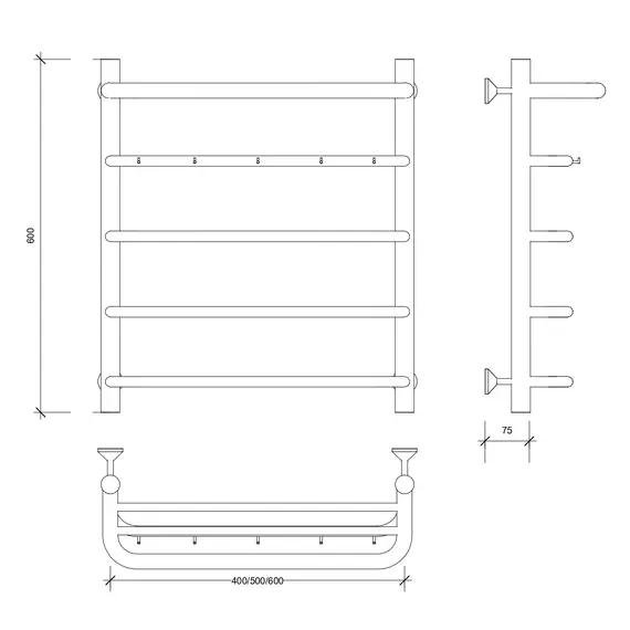 Полотенцесушитель Secado Мерида 1 КСП с крючками и полочкой, водяной, хром
