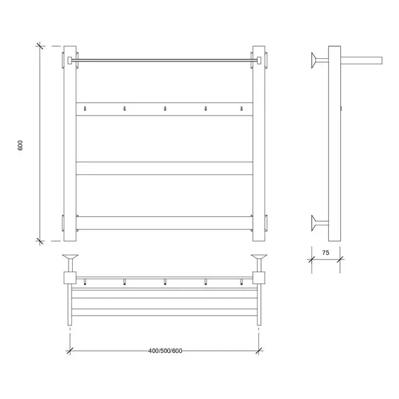 Полотенцесушитель Secado Комано 1 КСП, с крючками и полочкой, водяной, ЧЕРНЫЙ МАТОВЫЙ
