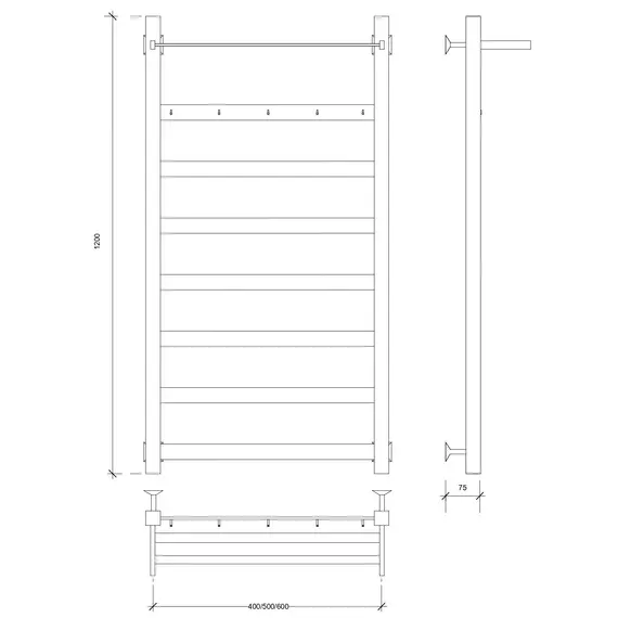Полотенцесушитель Secado Комано 1 КСП, с крючками и полочкой, водяной, ЧЕРНЫЙ МАТОВЫЙ