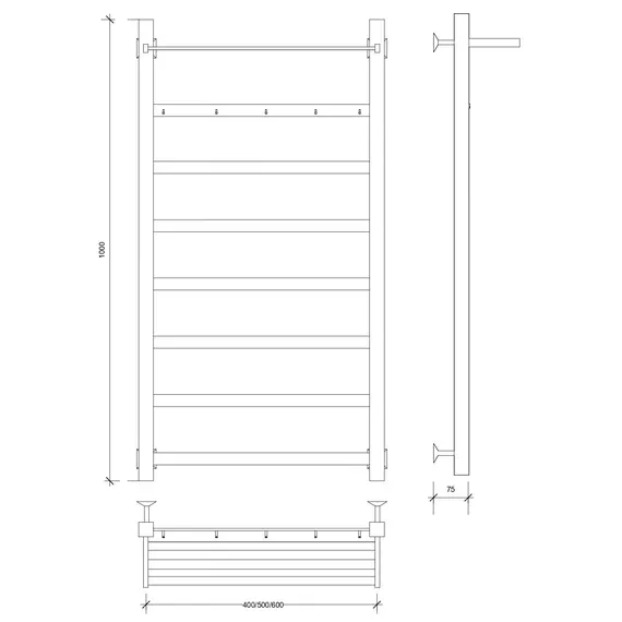 Полотенцесушитель Secado Корсико 1 КСП, с крючками и полочкой, водяной, ЧЕРНЫЙ МАТОВЫЙ