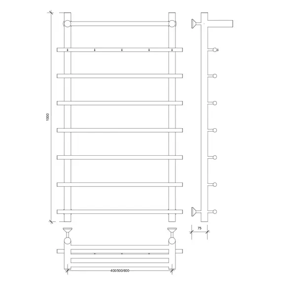 Полотенцесушитель Secado Турин 1 КСП, с крючками и полочкой, водяной, хром