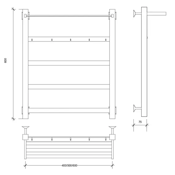 Полотенцесушитель Secado Корсико 1 КСП, с крючками и полочкой, водяной, ЧЕРНЫЙ МАТОВЫЙ
