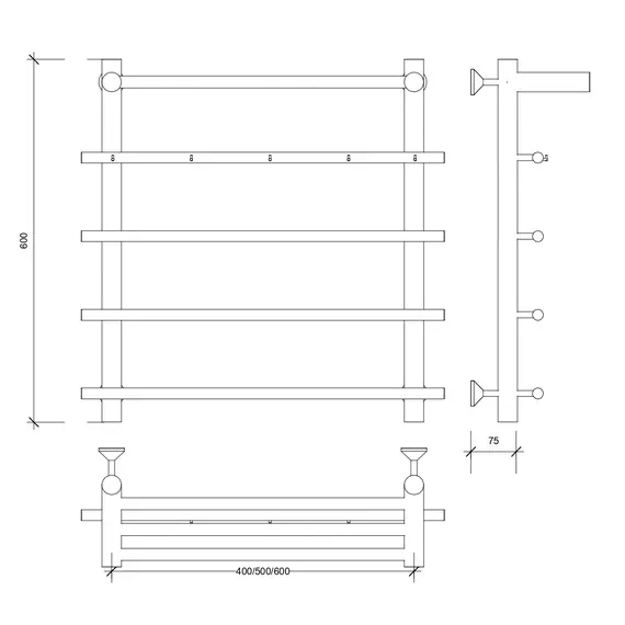 Полотенцесушитель Secado Турин 1 КСП, с крючками и полочкой, водяной, хром