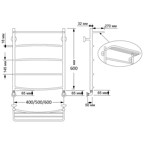 Полотенцесушитель латунный Secado Милан 4 с полочкой, водяной, бронза