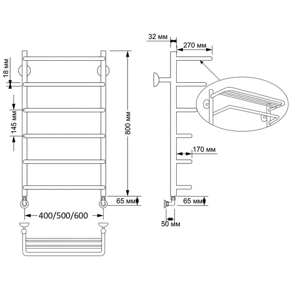 Полотенцесушитель латунный Secado Мерида 2 с полочкой , водяной, бронза