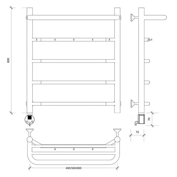 Полотенцесушитель Secado Агата 1 КСП , с крючками и полочкой, электрический L/R хром