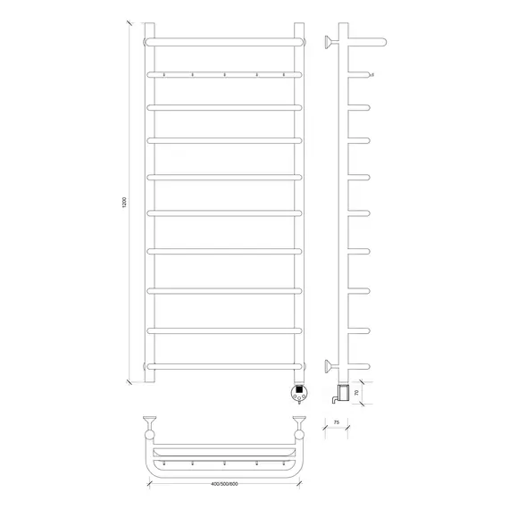 Полотенцесушитель Secado Мерида 1 КСП , с крючками и полочкой, электрический L/R хром
