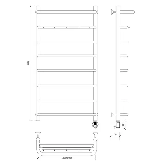 Полотенцесушитель Secado Мерида 1 КСП , с крючками и полочкой, электрический L/R хром