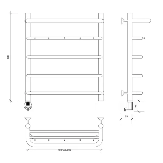 Полотенцесушитель Secado Мерида 1 КСП , с крючками и полочкой, электрический L/R хром