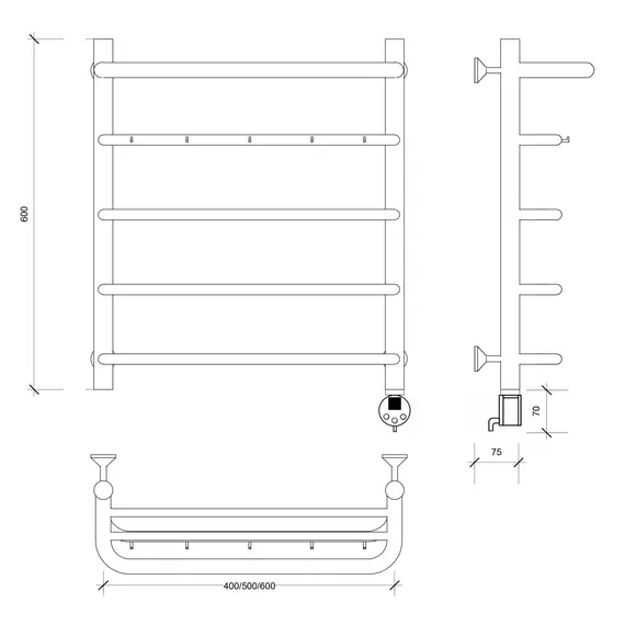 Полотенцесушитель Secado Мерида 1 КСП , с крючками и полочкой, электрический L/R хром