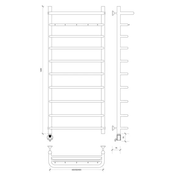 Полотенцесушитель Secado Мерида 1 КСП , с крючками и полочкой, электрический L/R хром