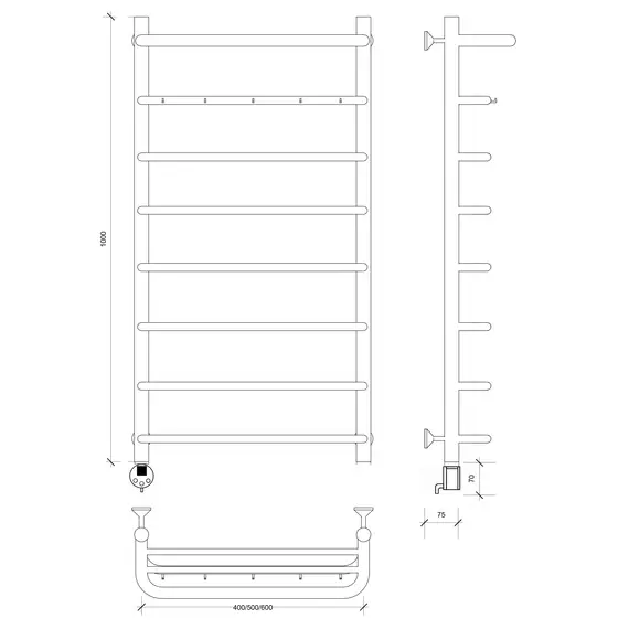 Полотенцесушитель Secado Мерида 1 КСП , с крючками и полочкой, электрический L/R хром