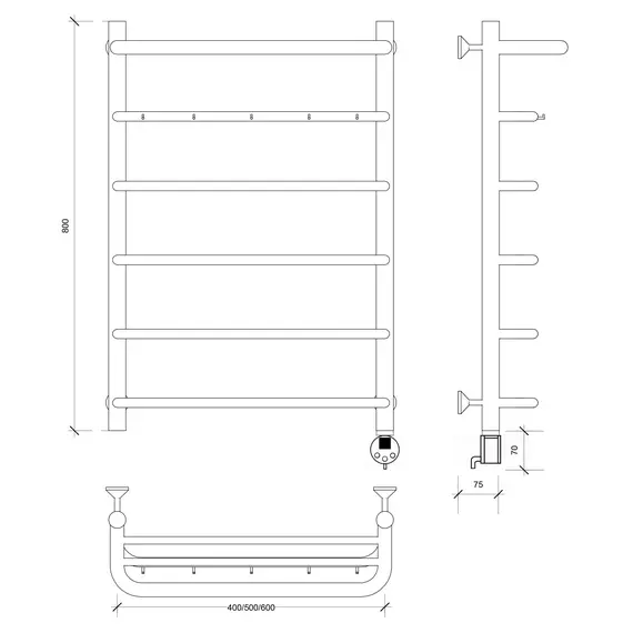 Полотенцесушитель Secado Мерида 1 КСП , с крючками и полочкой, электрический L/R хром