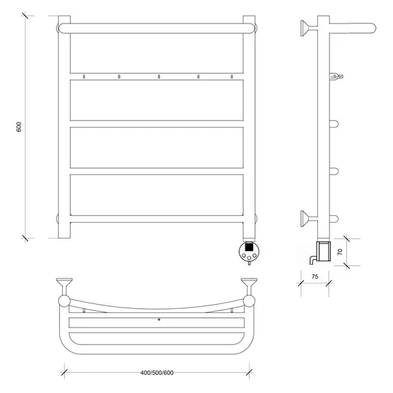 Полотенцесушитель Secado Милан 1 КСП , с крючками и полочкой,  электрический L/R хром