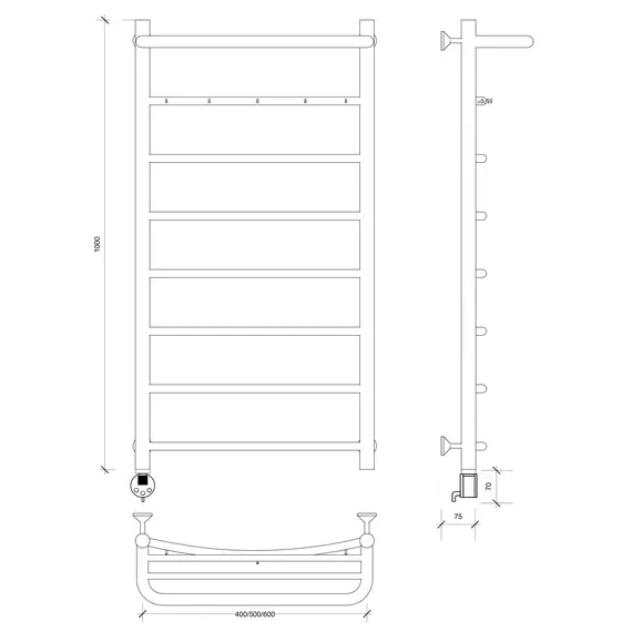 Полотенцесушитель Secado Милан 1 КСП , с крючками и полочкой,  электрический L/R хром