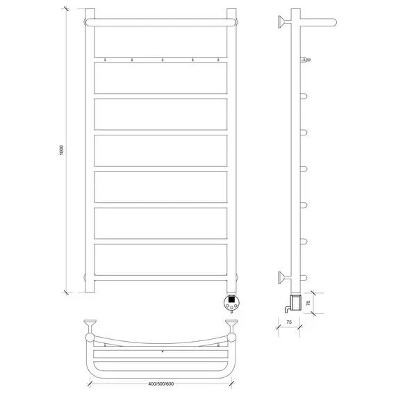 Полотенцесушитель Secado Милан 1 КСП , с крючками и полочкой,  электрический L/R хром