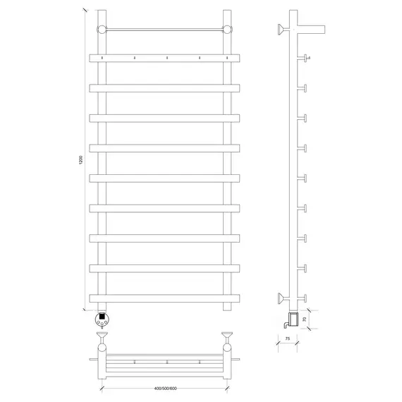 Полотенцесушитель Secado Понтида 1 КСП ,с крючками и полочкой, электрический L/R хром