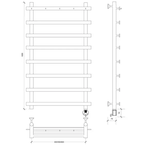 Полотенцесушитель Secado Понтида 1 К , с крючками, электрический L/R хром