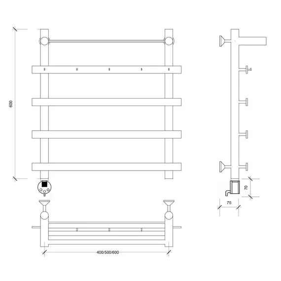 Полотенцесушитель Secado Понтида 1 КСП ,с крючками и полочкой, электрический L/R хром