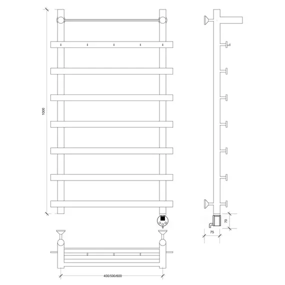 Полотенцесушитель Secado Понтида 1 КСП ,с крючками и полочкой, электрический L/R хром