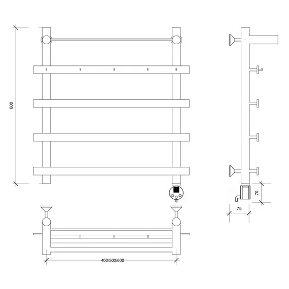 Полотенцесушитель Secado Понтида 1 КСП ,с крючками и полочкой, электрический L/R хром
