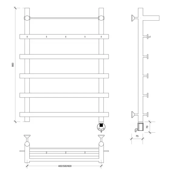 Полотенцесушитель Secado Понтида 1 КСП ,с крючками и полочкой, электрический L/R хром
