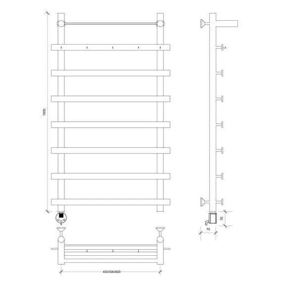 Полотенцесушитель Secado Понтида 1 КСП ,с крючками и полочкой, электрический L/R хром