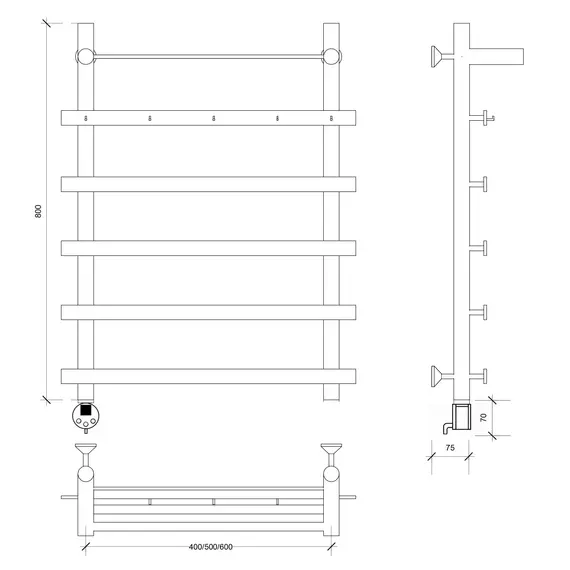 Полотенцесушитель Secado Понтида 1 КСП ,с крючками и полочкой, электрический L/R хром
