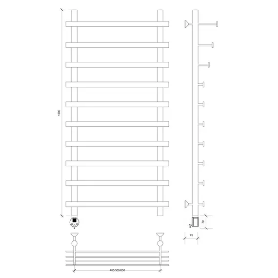 Полотенцесушитель Secado Понтида 7 СП , с полочкой, электрический L/R  хром