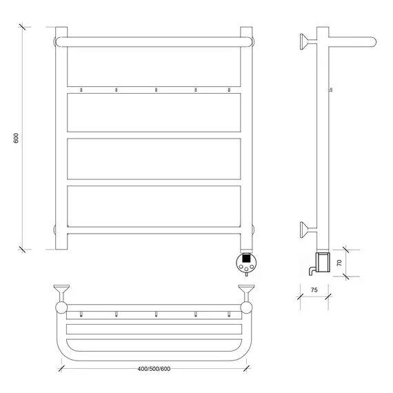 Полотенцесушитель Secado Триада 1 КСП , с крючками и полочкой , электрический L/R хром