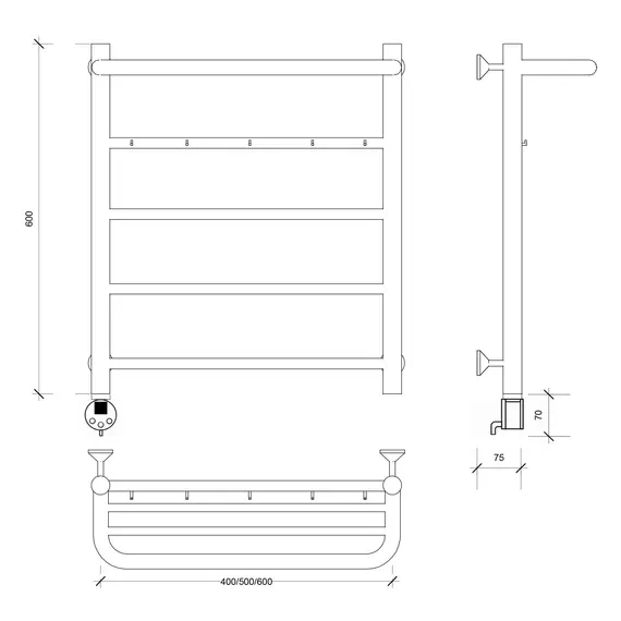 Полотенцесушитель Secado Триада 1 КСП , с крючками и полочкой , электрический L/R хром