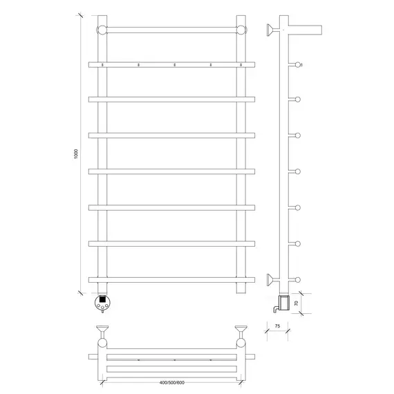 Полотенцесушитель Secado Турин 1 КСП, с крючками и полочкой,  электрический L/R  хром