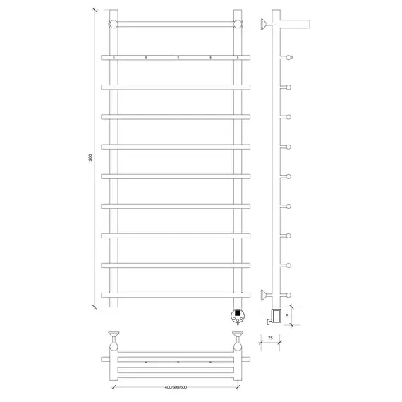 Полотенцесушитель Secado Турин 1 КСП, с крючками и полочкой,  электрический L/R  хром