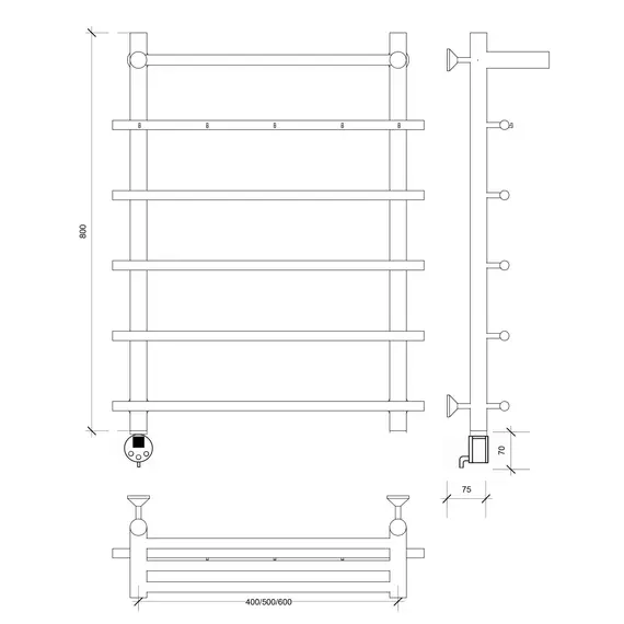 Полотенцесушитель Secado Турин 1 КСП, с крючками и полочкой,  электрический L/R  хром