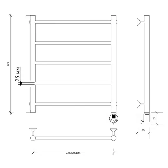 Полотенцесушитель Secado Триада 1 +, электрический L/R хром