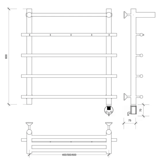 Полотенцесушитель Secado Турин 1 КСП, с крючками и полочкой,  электрический L/R  хром