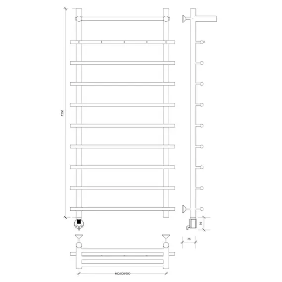 Полотенцесушитель Secado Турин 1 КСП, с крючками и полочкой,  электрический L/R  хром