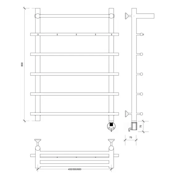 Полотенцесушитель Secado Турин 1 КСП, с крючками и полочкой,  электрический L/R  хром