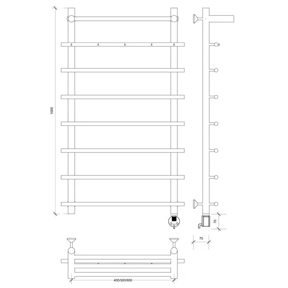 Полотенцесушитель Secado Турин 1 КСП, с крючками и полочкой,  электрический L/R  хром