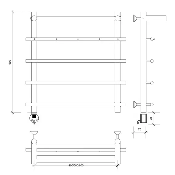 Полотенцесушитель Secado Турин 1 КСП, с крючками и полочкой,  электрический L/R  хром