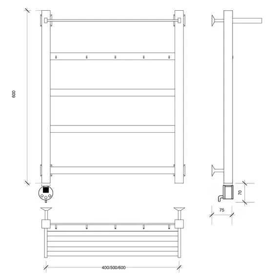 Полотенцесушитель Secado Корсико 1 КСП , с крючками и полочкой,  электрический L/R черный матовый