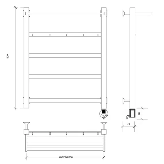 Полотенцесушитель Secado Корсико 1 КСП , с крючками и полочкой, электрический L/R  хром