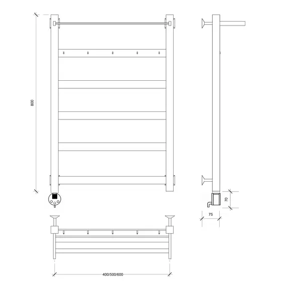 Полотенцесушитель Secado Комано 1 КСП, с крючками и полочкой , электрический L/R черный матовый