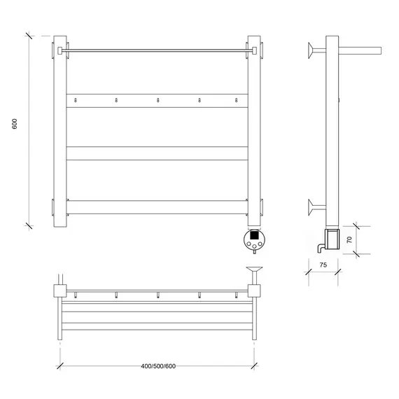 Полотенцесушитель Secado Комано 1 КСП, с крючками и полочкой , электрический L/R черный матовый