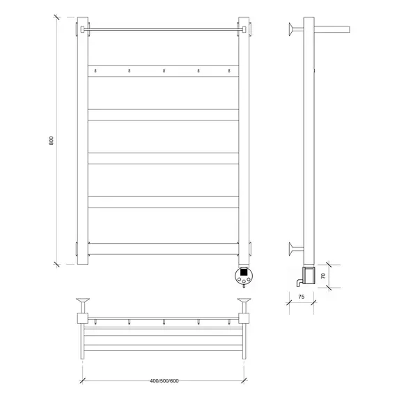 Полотенцесушитель Secado Комано 1 КСП, с крючками и полочкой , электрический L/R черный матовый